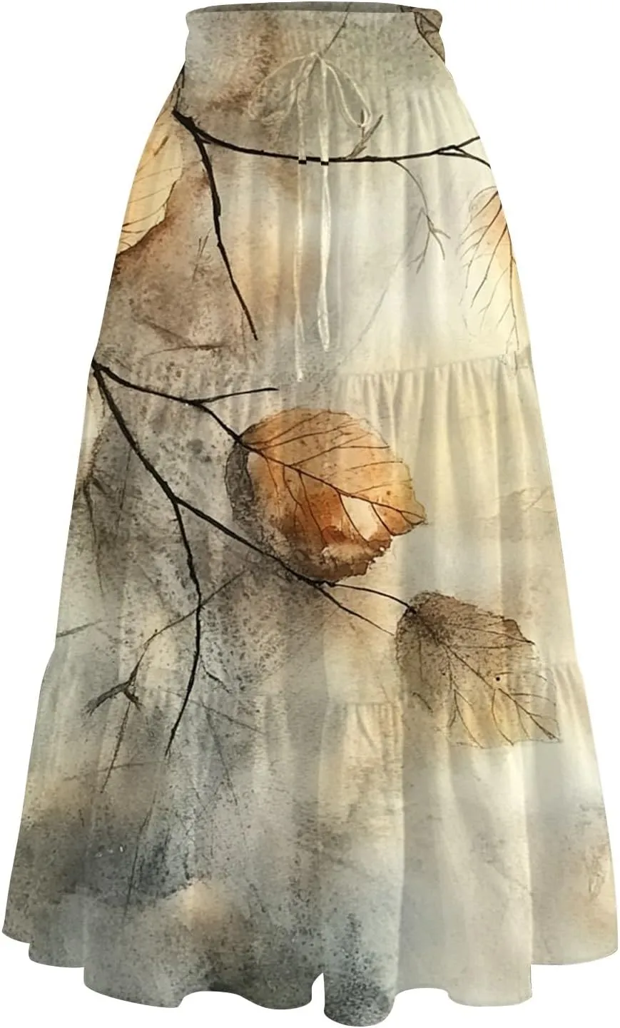 Women's Midi Boho Floral Tiered Skirts Trendy A Line Skirt Drawstring High Elastic Waist Comfy Flowy Skorts with Pockets