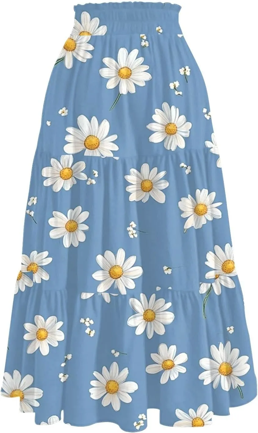 Women's Midi Boho Floral Tiered Skirts Trendy A Line Skirt Drawstring High Elastic Waist Comfy Flowy Skorts with Pockets