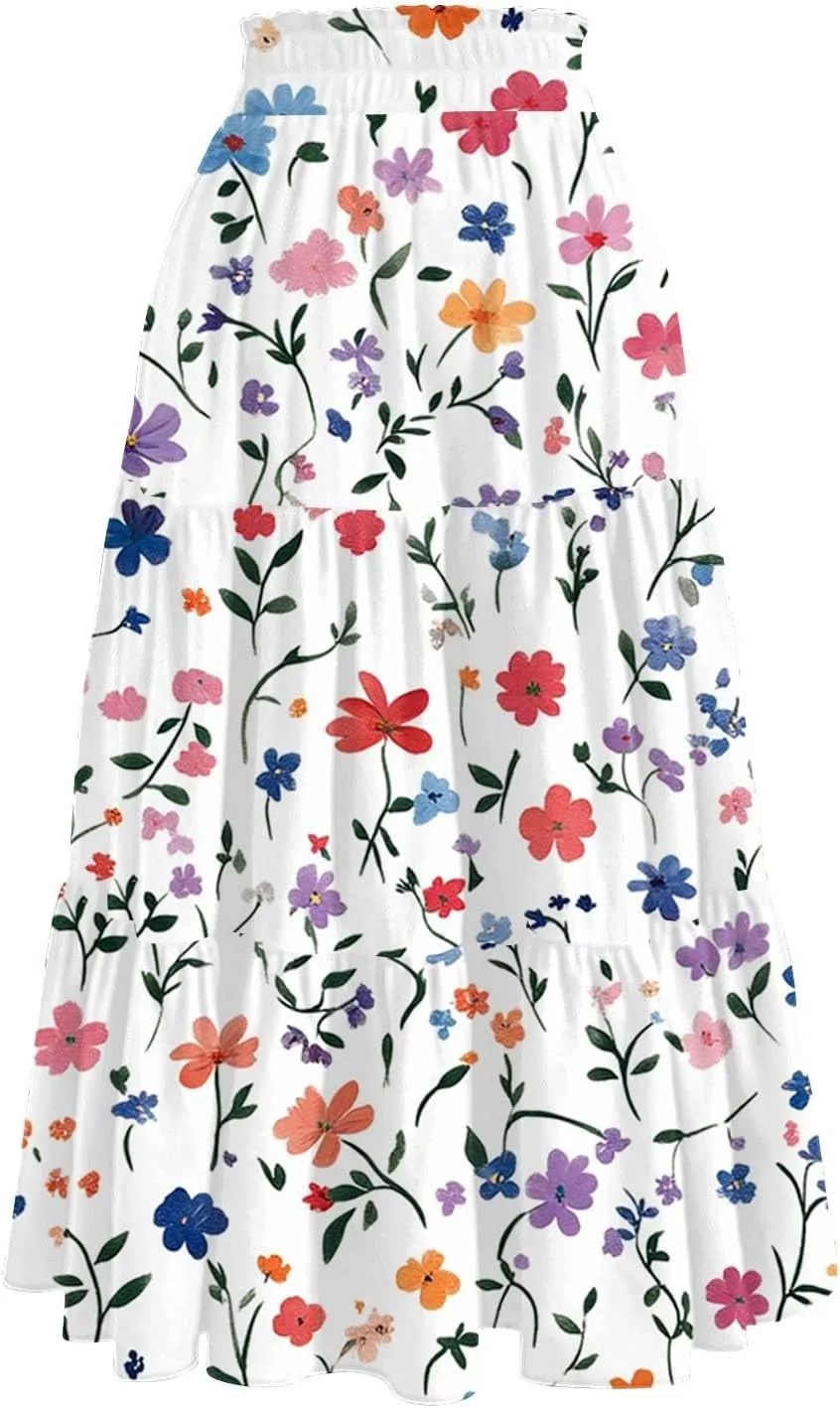 Women's Midi Boho Floral Tiered Skirts Trendy A Line Skirt Drawstring High Elastic Waist Comfy Flowy Skorts with Pockets