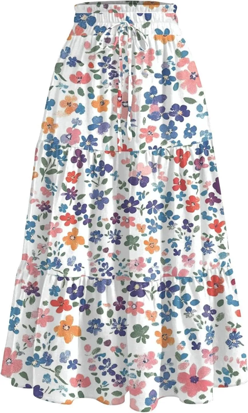 Women's Midi Boho Floral Tiered Skirts Trendy A Line Skirt Drawstring High Elastic Waist Comfy Flowy Skorts with Pockets