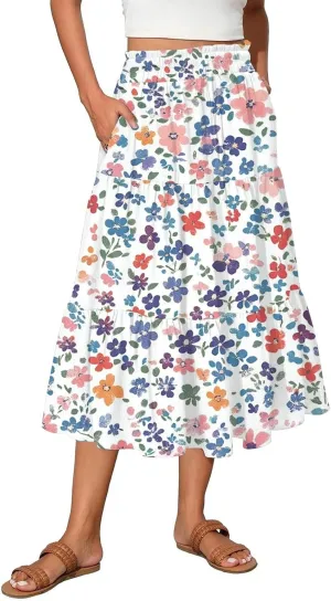 Women's Midi Boho Floral Tiered Skirts Trendy A Line Skirt Drawstring High Elastic Waist Comfy Flowy Skorts with Pockets