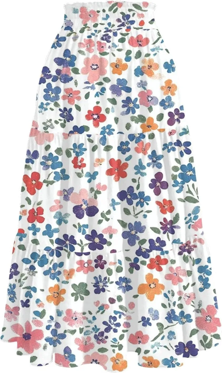 Women's Midi Boho Floral Tiered Skirts Trendy A Line Skirt Drawstring High Elastic Waist Comfy Flowy Skorts with Pockets