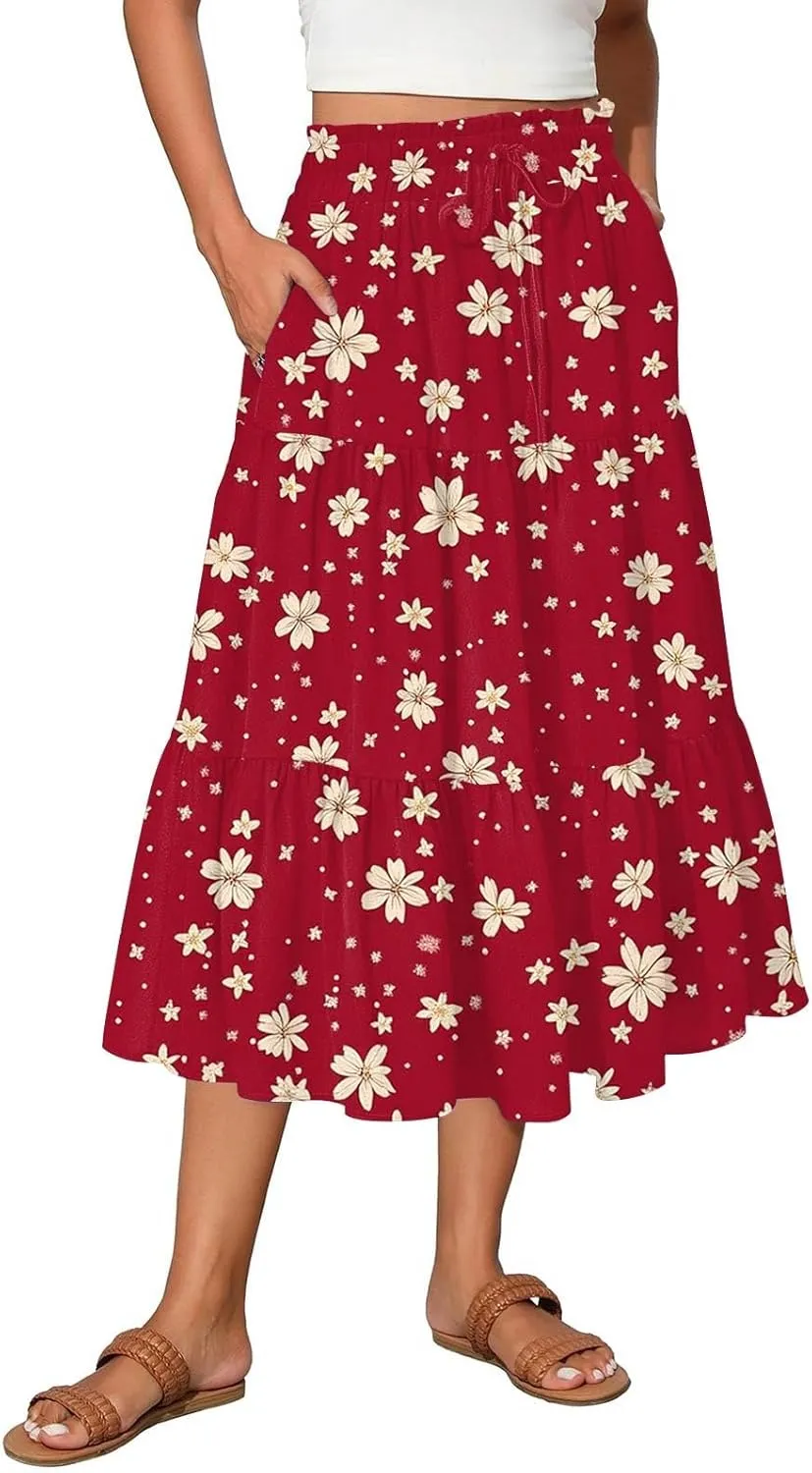 Women's Midi Boho Floral Tiered Skirts Trendy A Line Skirt Drawstring High Elastic Waist Comfy Flowy Skorts with Pockets
