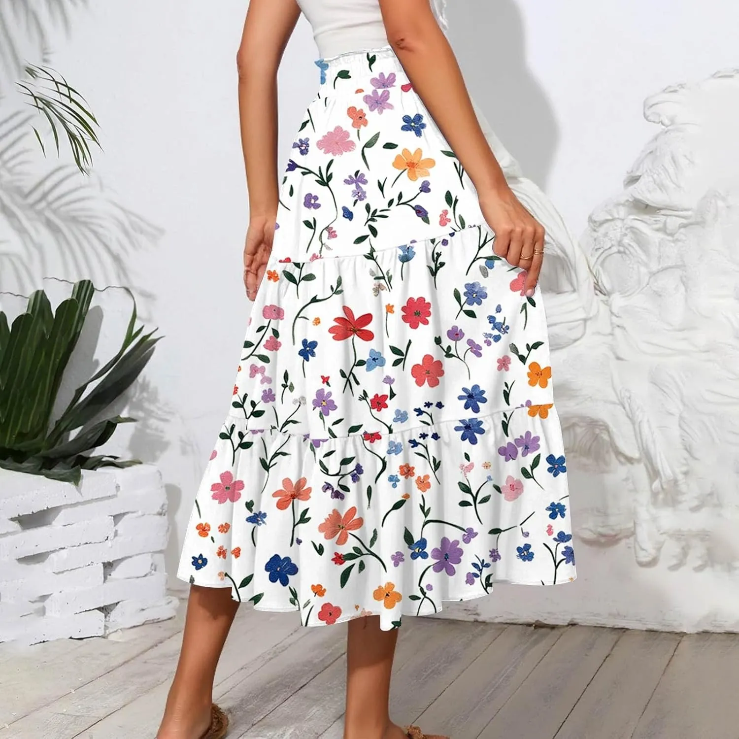Women's Midi Boho Floral Tiered Skirts Trendy A Line Skirt Drawstring High Elastic Waist Comfy Flowy Skorts with Pockets