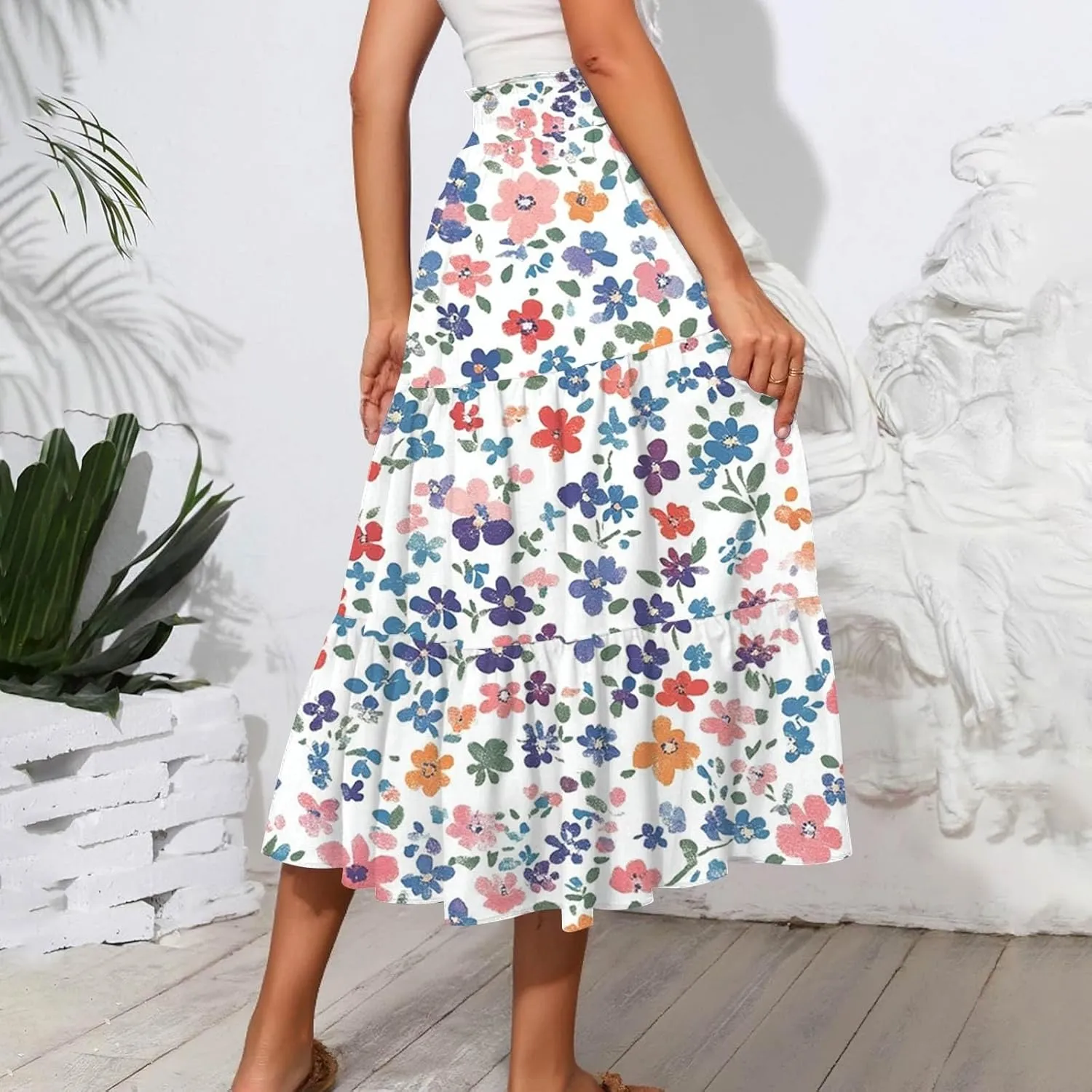 Women's Midi Boho Floral Tiered Skirts Trendy A Line Skirt Drawstring High Elastic Waist Comfy Flowy Skorts with Pockets