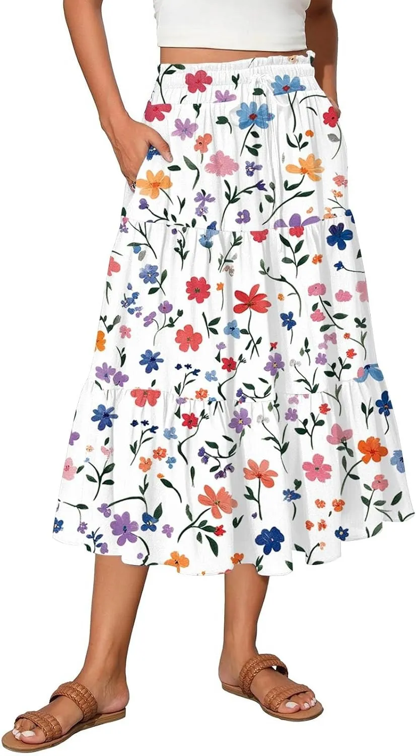 Women's Midi Boho Floral Tiered Skirts Trendy A Line Skirt Drawstring High Elastic Waist Comfy Flowy Skorts with Pockets