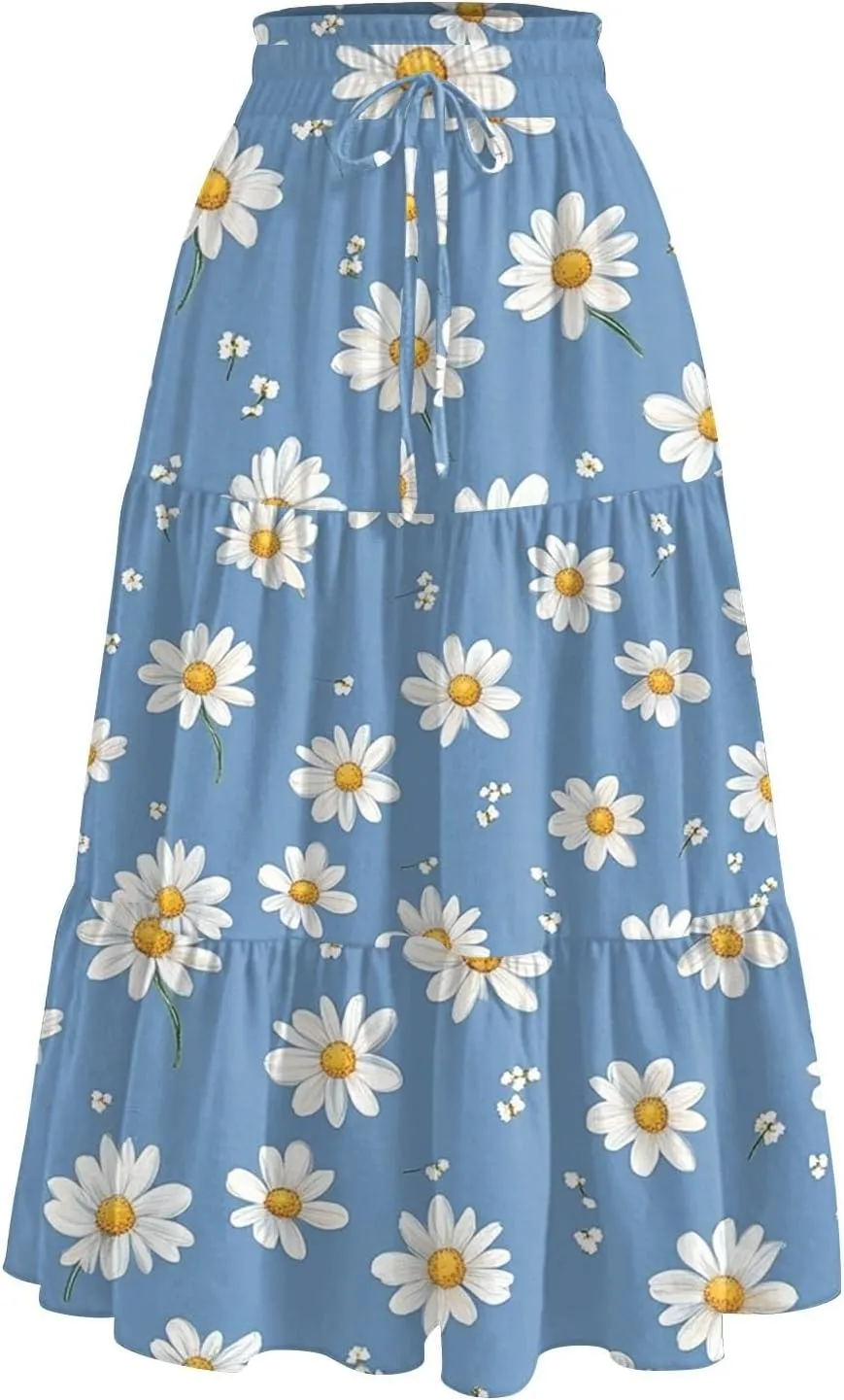 Women's Midi Boho Floral Tiered Skirts Trendy A Line Skirt Drawstring High Elastic Waist Comfy Flowy Skorts with Pockets