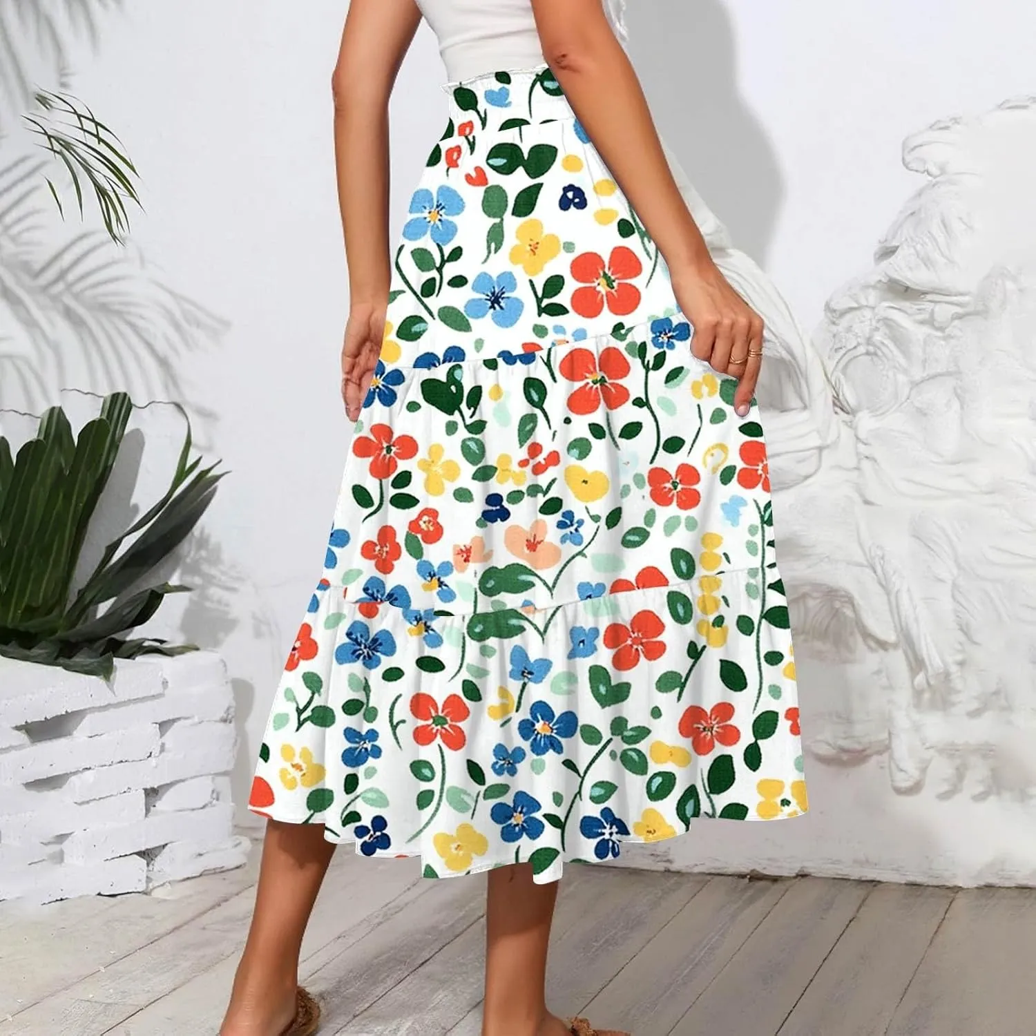 Women's Midi Boho Floral Tiered Skirts Trendy A Line Skirt Drawstring High Elastic Waist Comfy Flowy Skorts with Pockets