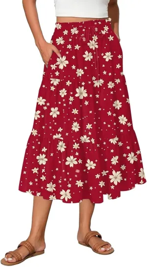 Women's Midi Boho Floral Tiered Skirts Trendy A Line Skirt Drawstring High Elastic Waist Comfy Flowy Skorts with Pockets