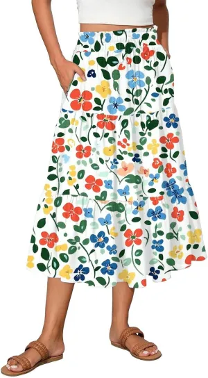 Women's Midi Boho Floral Tiered Skirts Trendy A Line Skirt Drawstring High Elastic Waist Comfy Flowy Skorts with Pockets