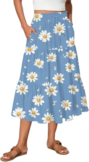 Women's Midi Boho Floral Tiered Skirts Trendy A Line Skirt Drawstring High Elastic Waist Comfy Flowy Skorts with Pockets
