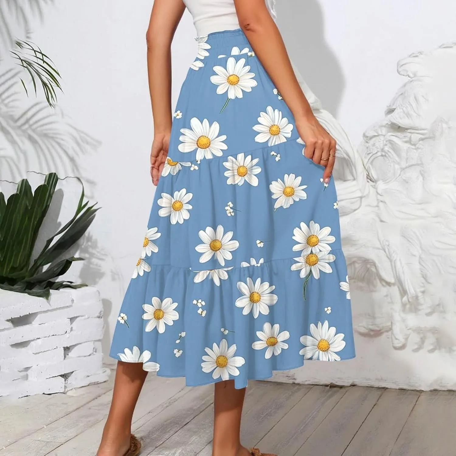 Women's Midi Boho Floral Tiered Skirts Trendy A Line Skirt Drawstring High Elastic Waist Comfy Flowy Skorts with Pockets