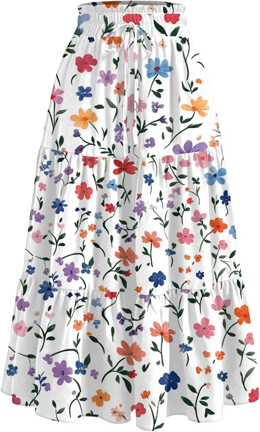 Women's Midi Boho Floral Tiered Skirts Trendy A Line Skirt Drawstring High Elastic Waist Comfy Flowy Skorts with Pockets
