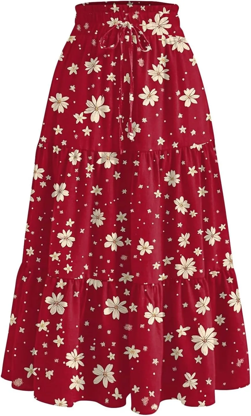 Women's Midi Boho Floral Tiered Skirts Trendy A Line Skirt Drawstring High Elastic Waist Comfy Flowy Skorts with Pockets