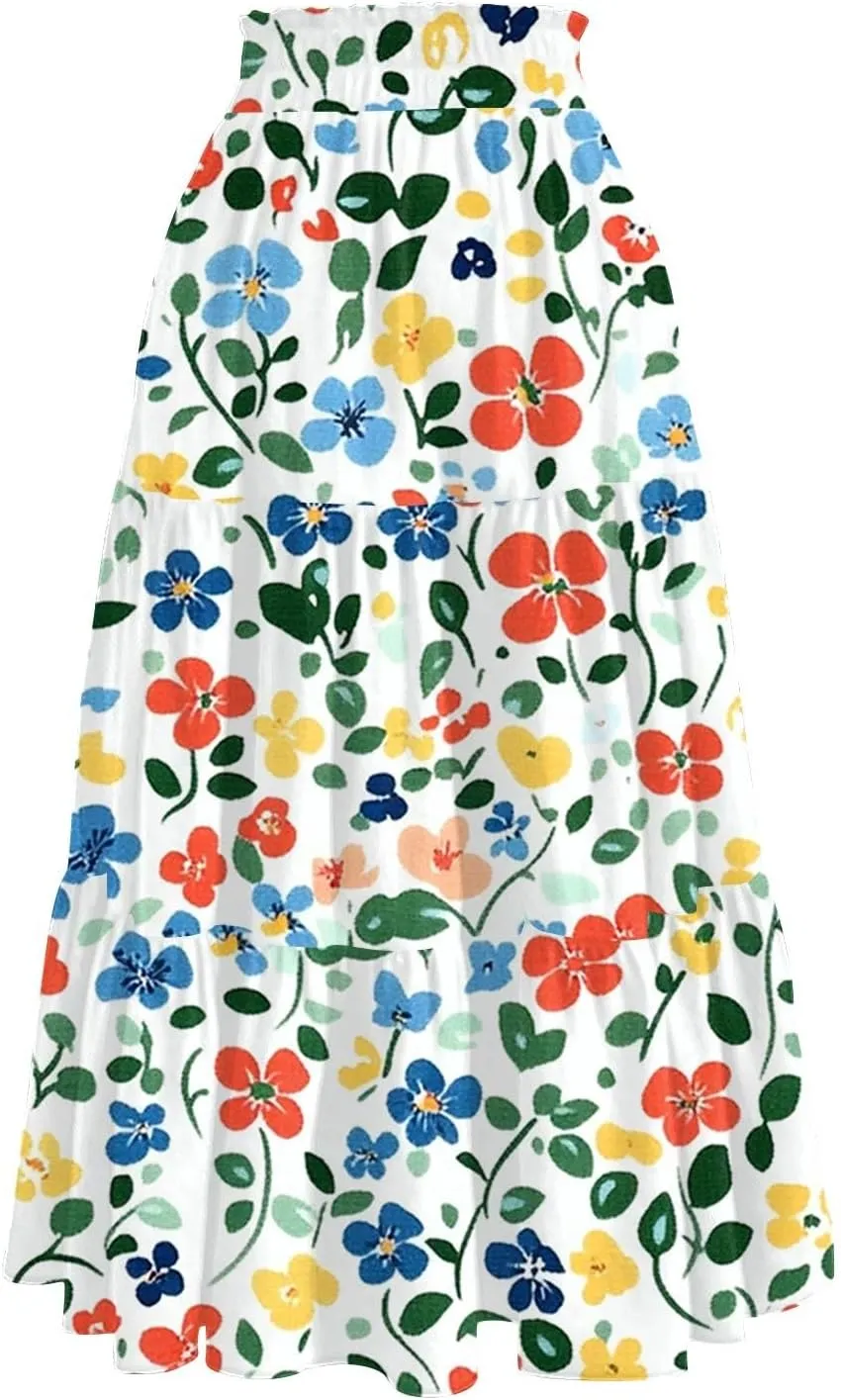 Women's Midi Boho Floral Tiered Skirts Trendy A Line Skirt Drawstring High Elastic Waist Comfy Flowy Skorts with Pockets