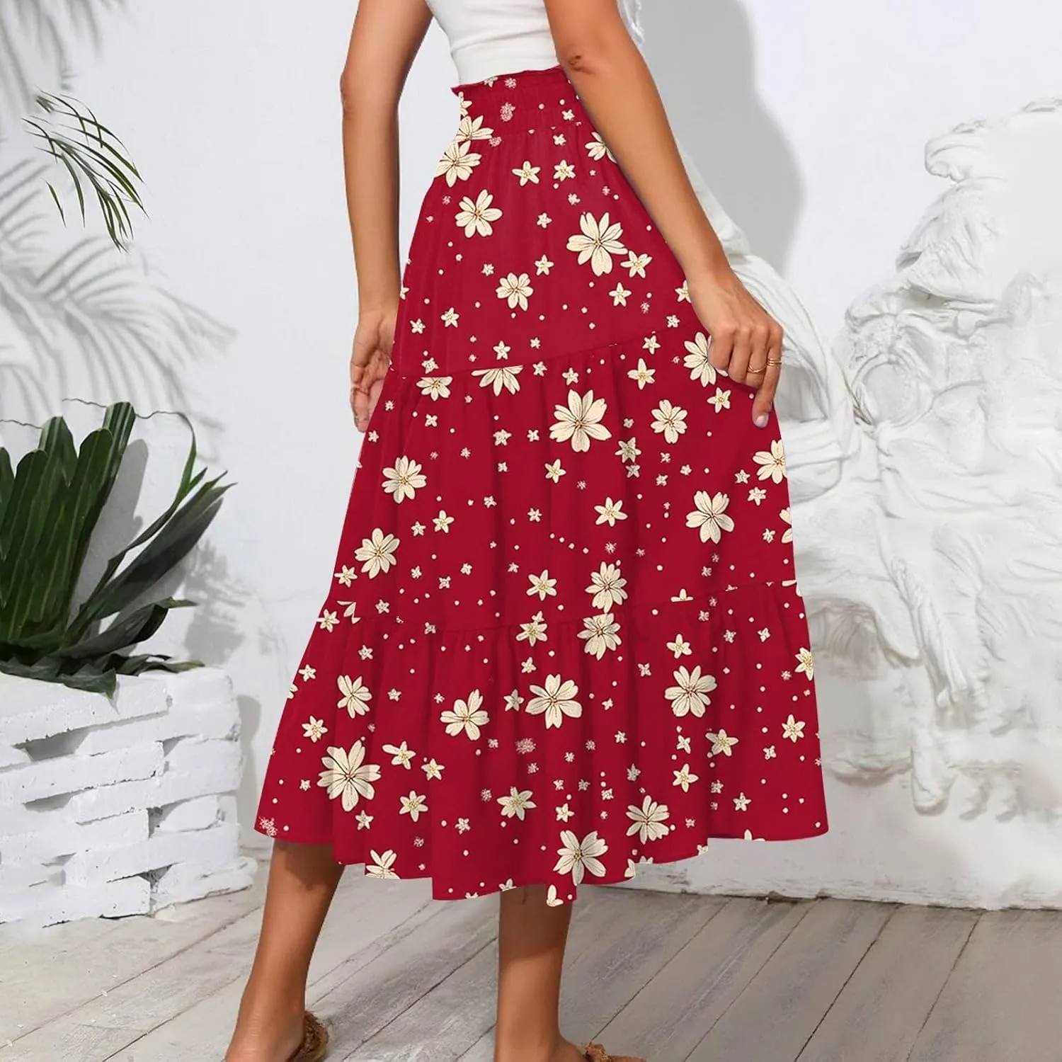 Women's Midi Boho Floral Tiered Skirts Trendy A Line Skirt Drawstring High Elastic Waist Comfy Flowy Skorts with Pockets