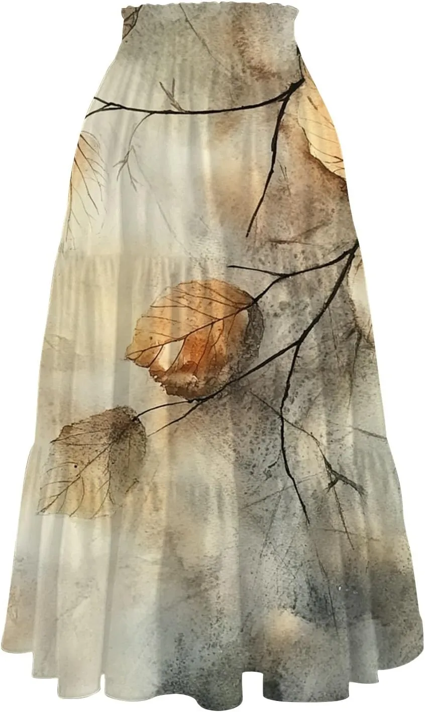 Women's Midi Boho Floral Tiered Skirts Trendy A Line Skirt Drawstring High Elastic Waist Comfy Flowy Skorts with Pockets
