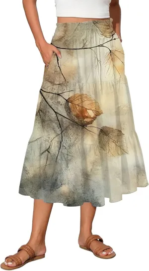 Women's Midi Boho Floral Tiered Skirts Trendy A Line Skirt Drawstring High Elastic Waist Comfy Flowy Skorts with Pockets