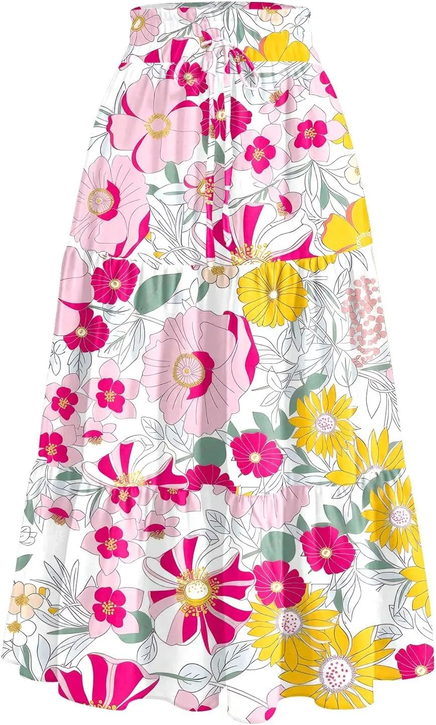Women's Midi Boho Floral Tiered Skirts Trendy Comfy Flowy Drawstring High Elastic Waist A Line Skirt Skorts with Pockets