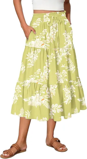 Women's Midi Boho Floral Tiered Skirts Trendy Comfy Flowy Drawstring High Elastic Waist A Line Skirt Skorts with Pockets