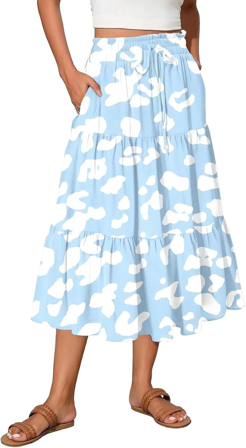 Women's Midi Boho Floral Tiered Skirts Trendy Comfy Flowy Drawstring High Elastic Waist A Line Skirt Skorts with Pockets