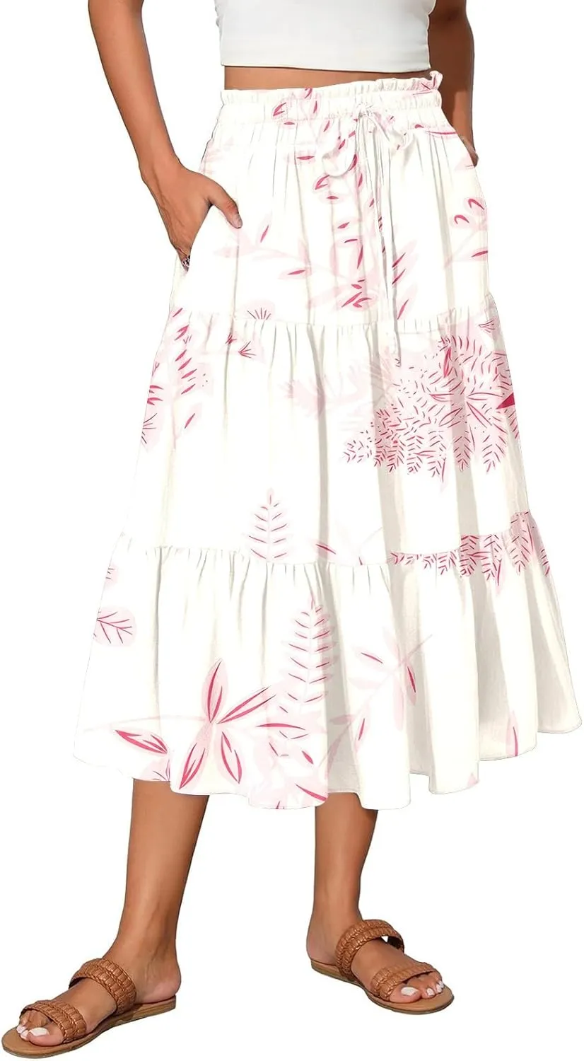 Women's Midi Boho Floral Tiered Skirts Trendy Comfy Flowy Drawstring High Elastic Waist A Line Skirt Skorts with Pockets