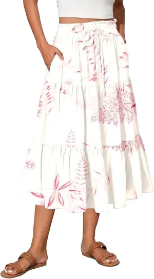 Women's Midi Boho Floral Tiered Skirts Trendy Comfy Flowy Drawstring High Elastic Waist A Line Skirt Skorts with Pockets