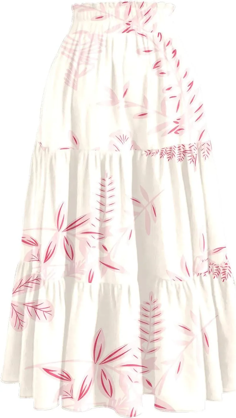 Women's Midi Boho Floral Tiered Skirts Trendy Comfy Flowy Drawstring High Elastic Waist A Line Skirt Skorts with Pockets