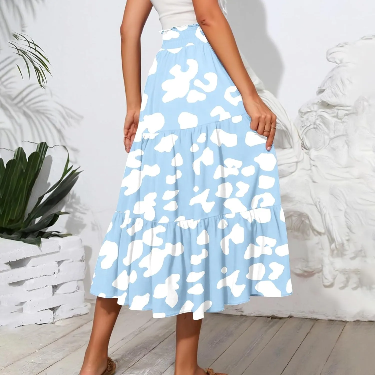 Women's Midi Boho Floral Tiered Skirts Trendy Comfy Flowy Drawstring High Elastic Waist A Line Skirt Skorts with Pockets