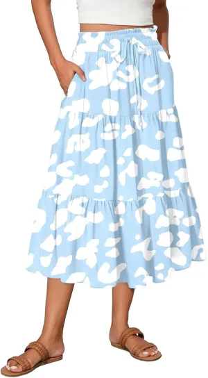 Women's Midi Boho Floral Tiered Skirts Trendy Comfy Flowy Drawstring High Elastic Waist A Line Skirt Skorts with Pockets