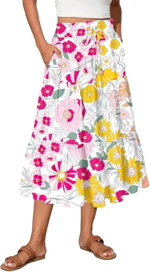 Women's Midi Boho Floral Tiered Skirts Trendy Comfy Flowy Drawstring High Elastic Waist A Line Skirt Skorts with Pockets