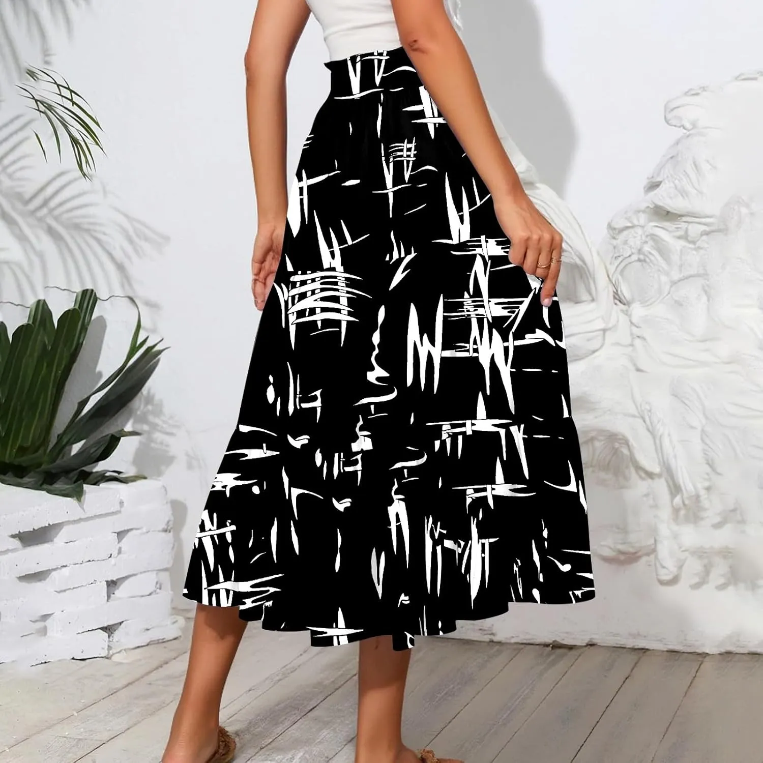 Women's Midi Boho Floral Tiered Skirts Trendy Comfy Flowy Drawstring High Elastic Waist A Line Skirt Skorts with Pockets
