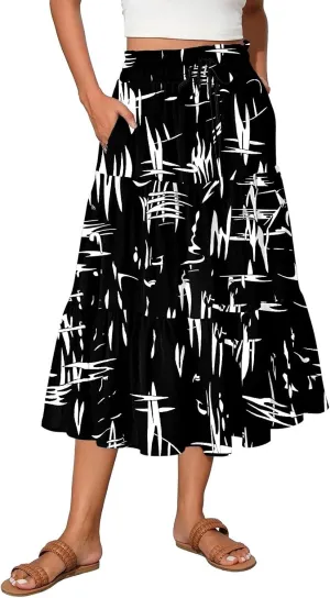 Women's Midi Boho Floral Tiered Skirts Trendy Comfy Flowy Drawstring High Elastic Waist A Line Skirt Skorts with Pockets