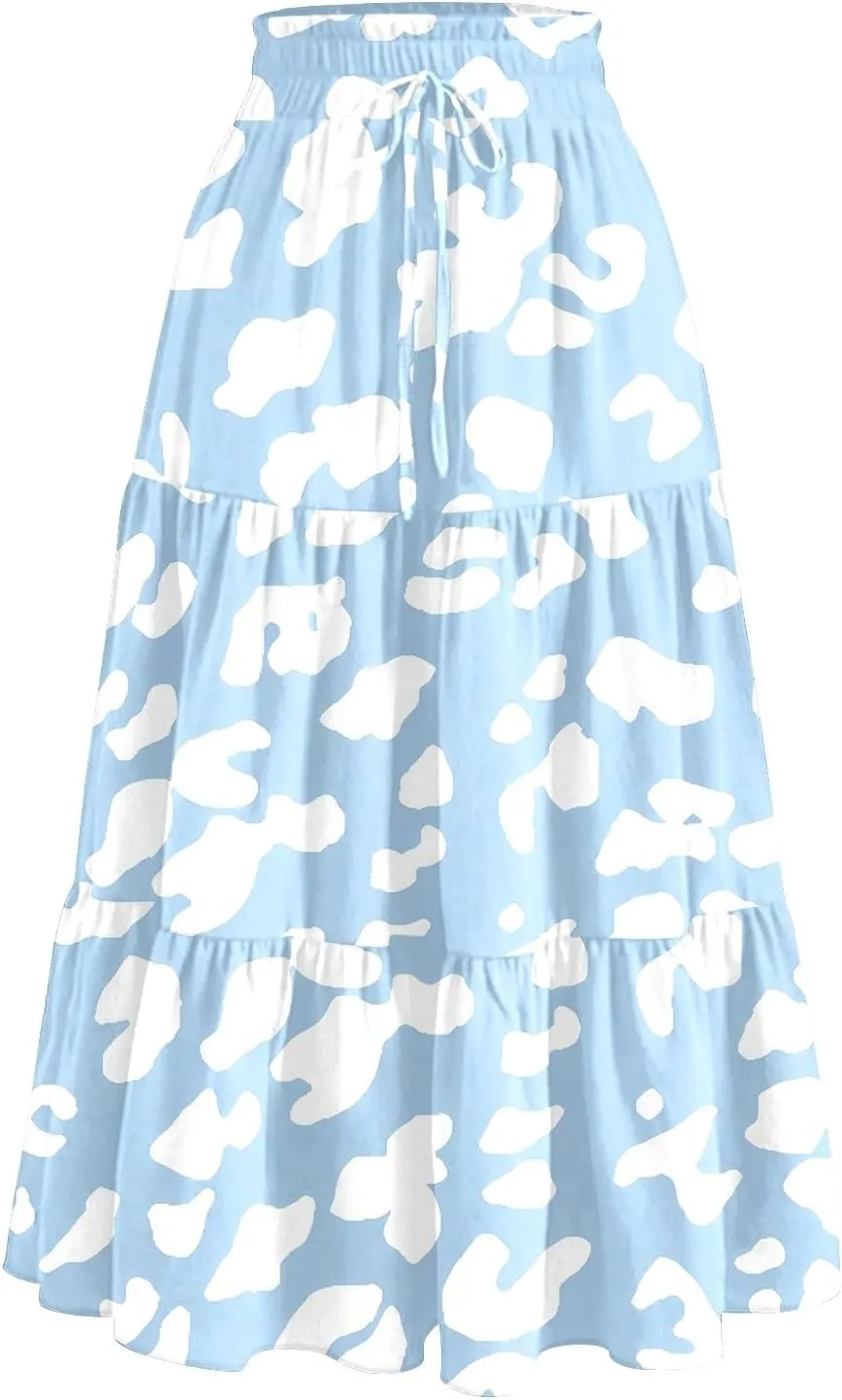 Women's Midi Boho Floral Tiered Skirts Trendy Comfy Flowy Drawstring High Elastic Waist A Line Skirt Skorts with Pockets