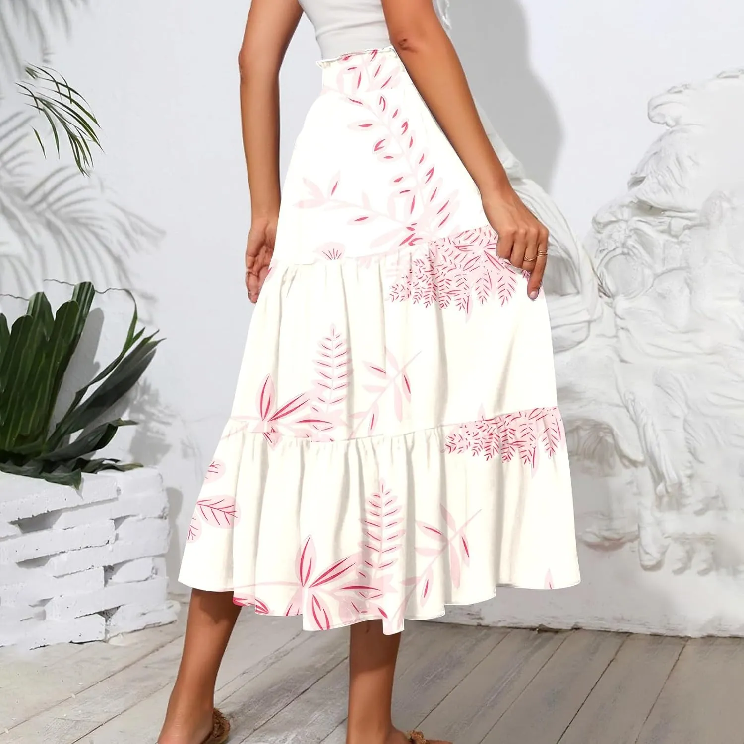 Women's Midi Boho Floral Tiered Skirts Trendy Comfy Flowy Drawstring High Elastic Waist A Line Skirt Skorts with Pockets