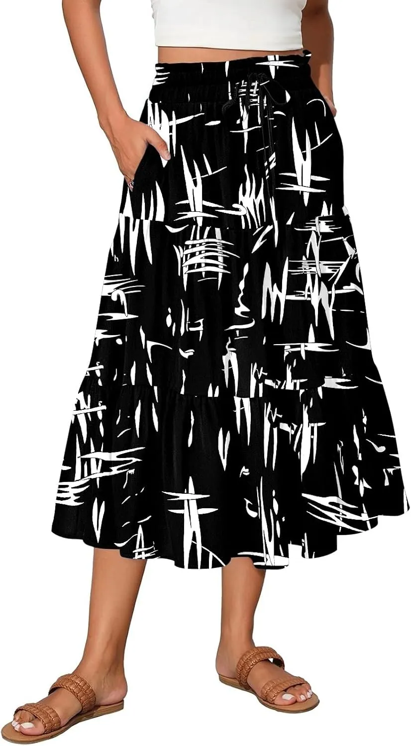 Women's Midi Boho Floral Tiered Skirts Trendy Comfy Flowy Drawstring High Elastic Waist A Line Skirt Skorts with Pockets