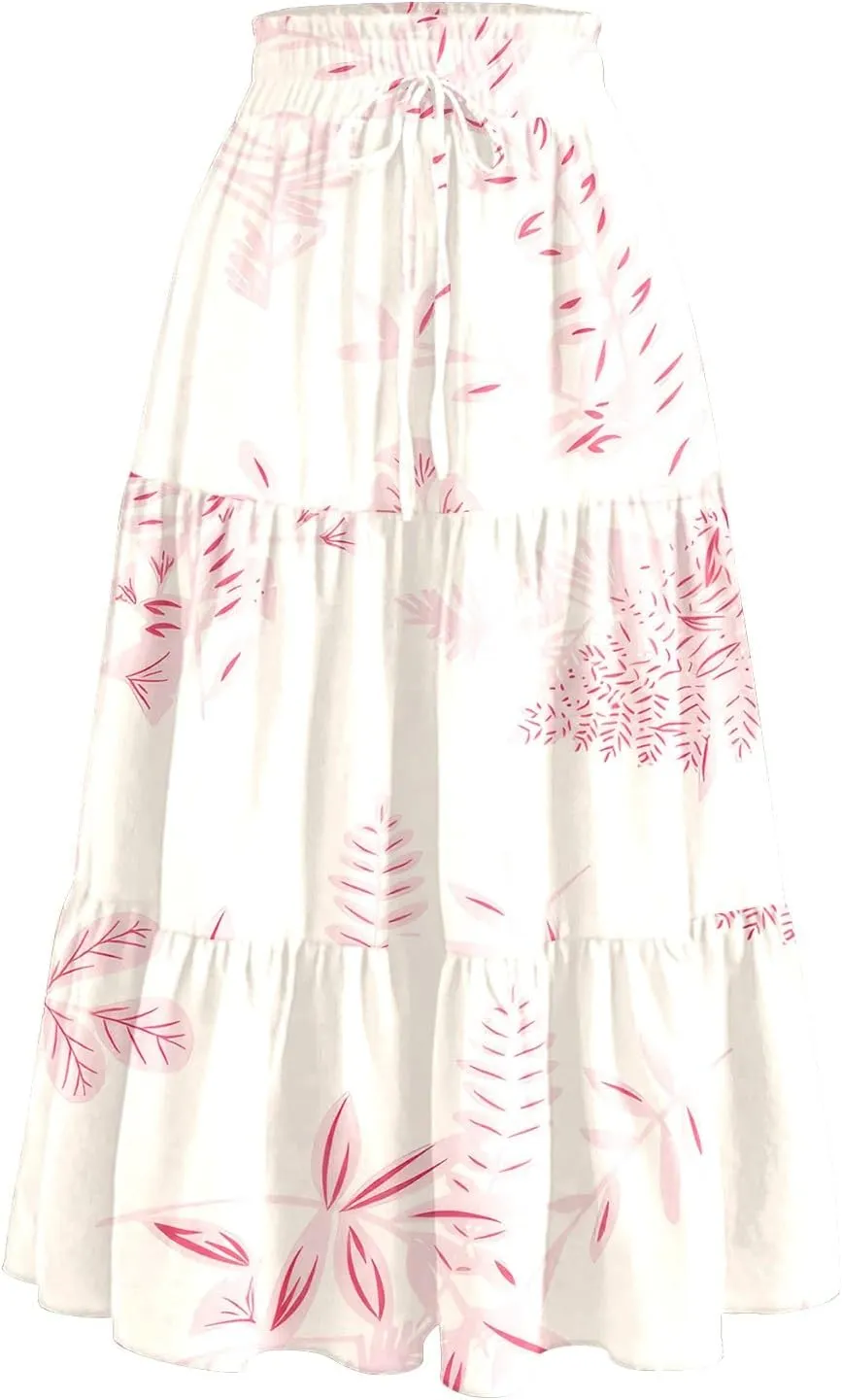 Women's Midi Boho Floral Tiered Skirts Trendy Comfy Flowy Drawstring High Elastic Waist A Line Skirt Skorts with Pockets