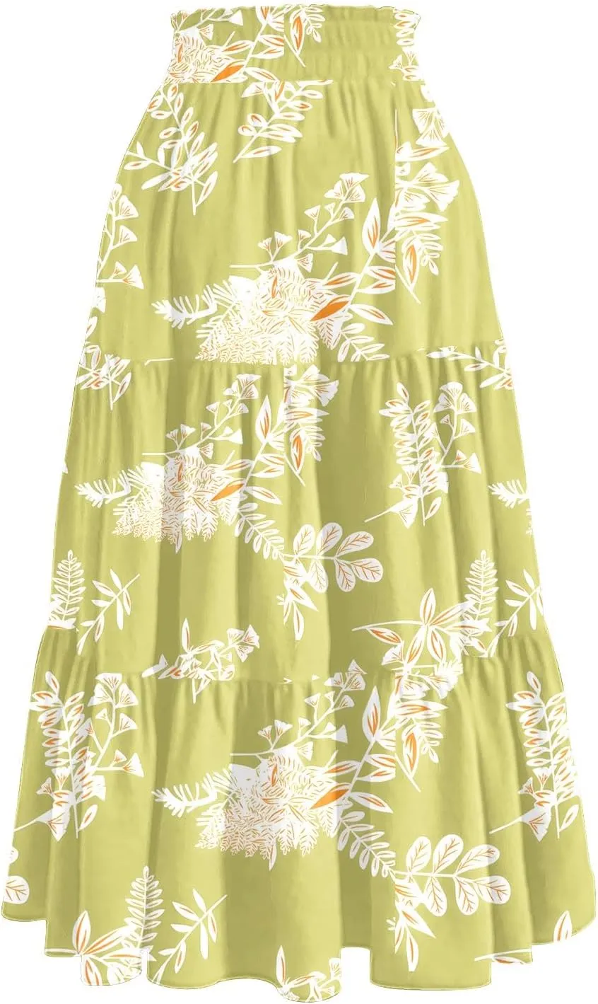 Women's Midi Boho Floral Tiered Skirts Trendy Comfy Flowy Drawstring High Elastic Waist A Line Skirt Skorts with Pockets