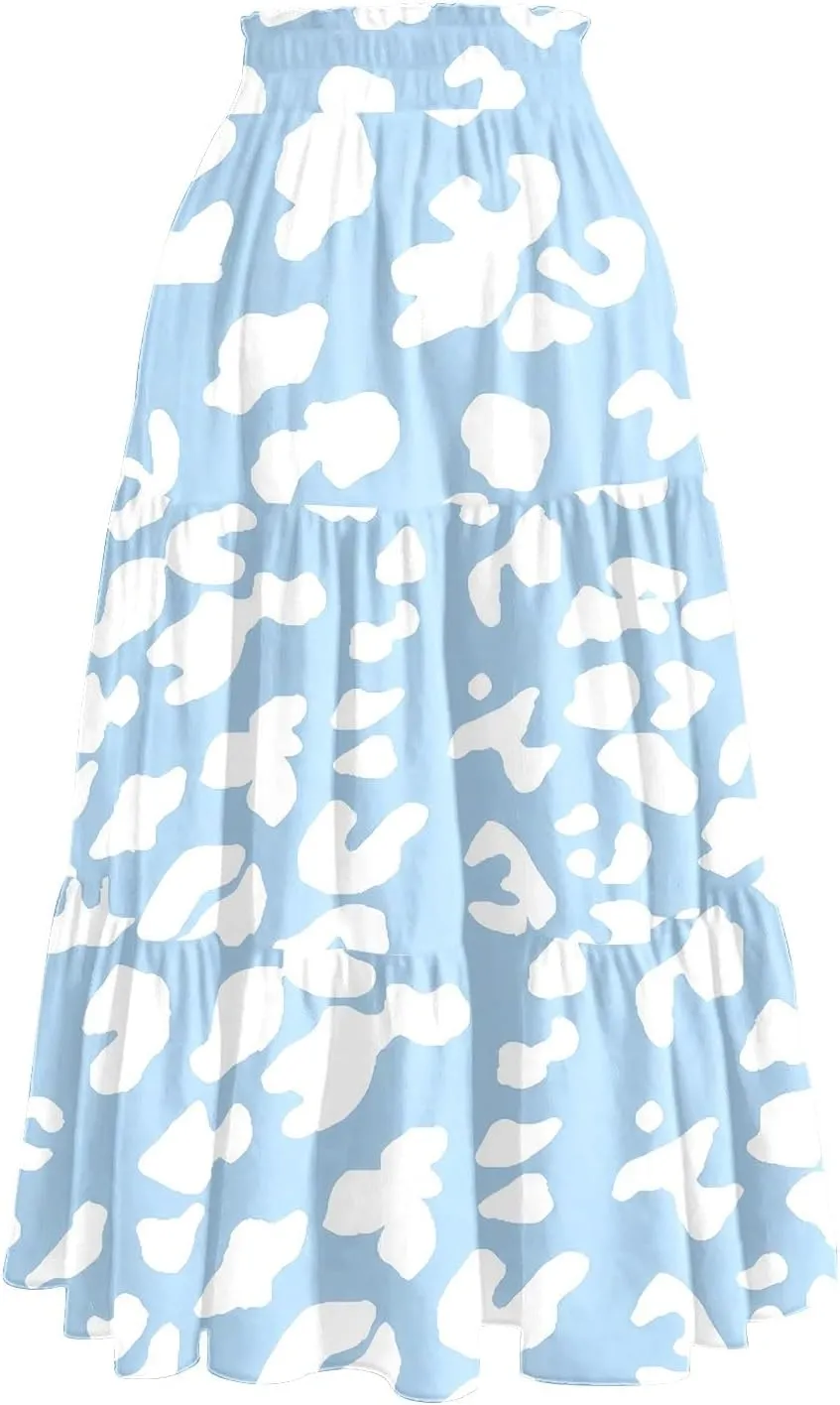 Women's Midi Boho Floral Tiered Skirts Trendy Comfy Flowy Drawstring High Elastic Waist A Line Skirt Skorts with Pockets