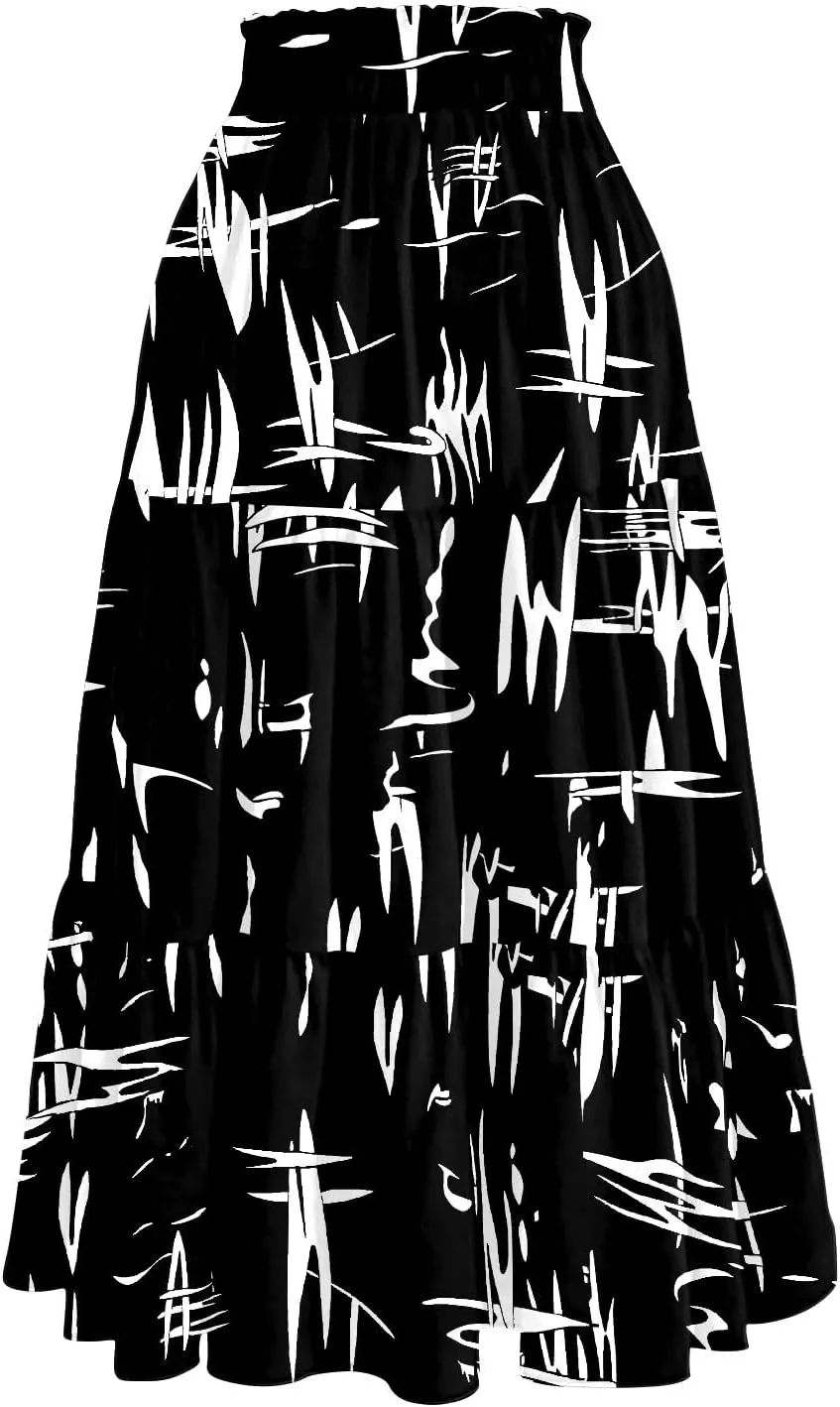 Women's Midi Boho Floral Tiered Skirts Trendy Comfy Flowy Drawstring High Elastic Waist A Line Skirt Skorts with Pockets