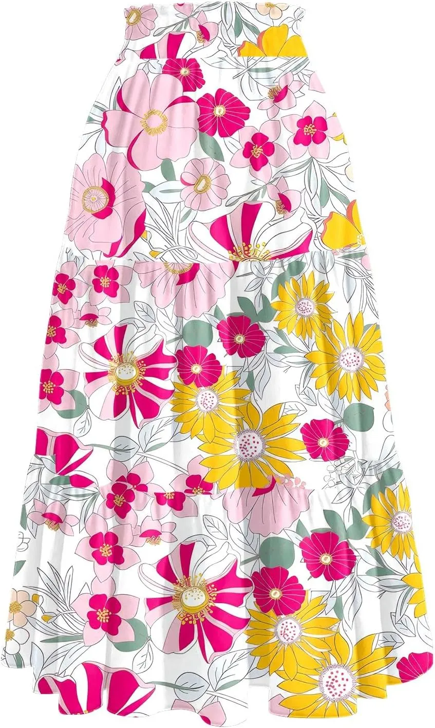 Women's Midi Boho Floral Tiered Skirts Trendy Comfy Flowy Drawstring High Elastic Waist A Line Skirt Skorts with Pockets
