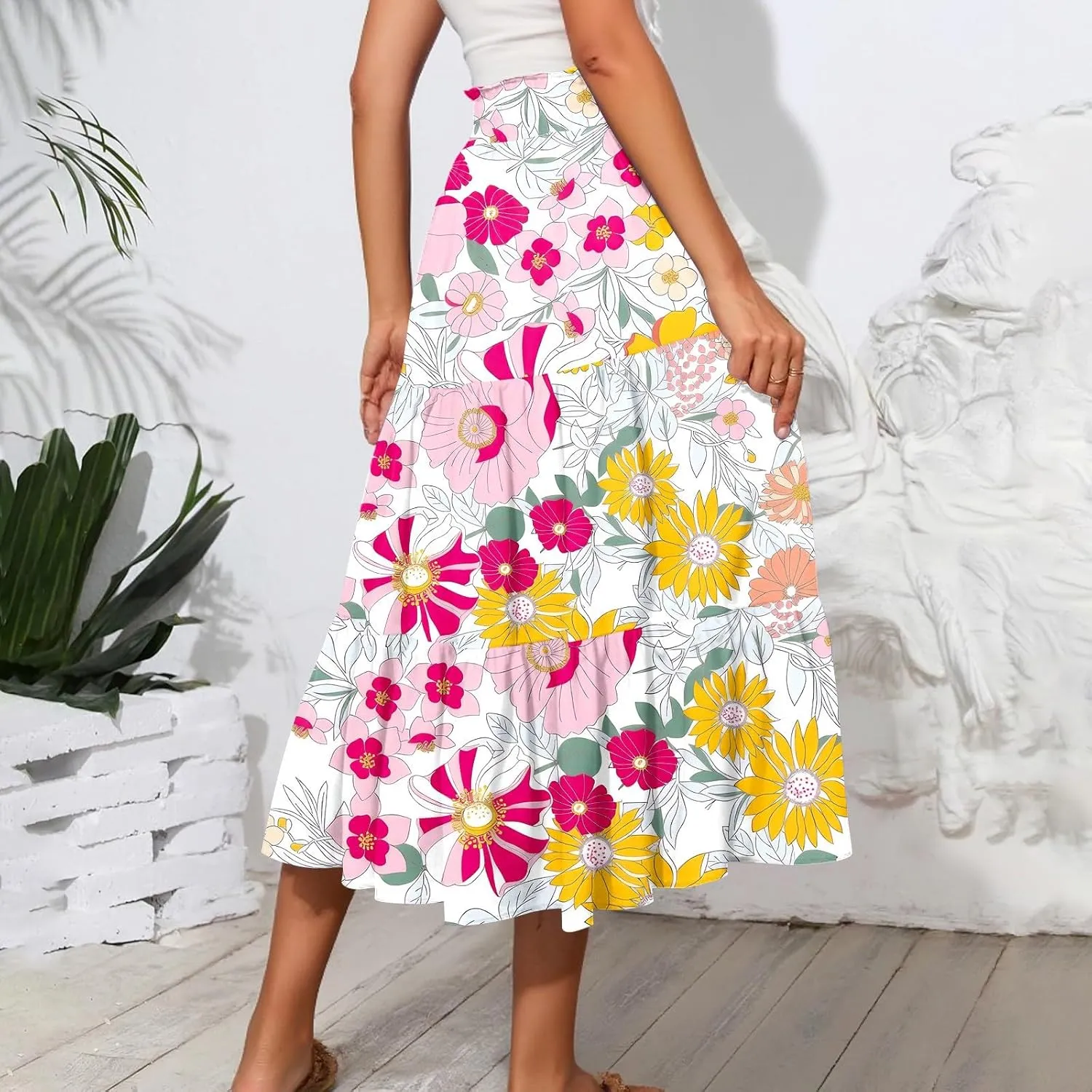 Women's Midi Boho Floral Tiered Skirts Trendy Comfy Flowy Drawstring High Elastic Waist A Line Skirt Skorts with Pockets