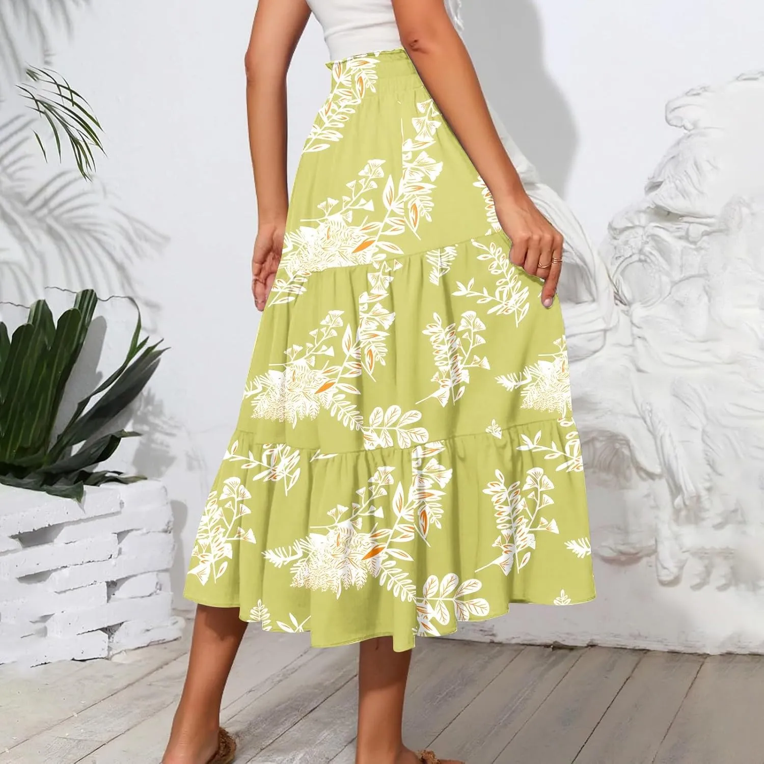 Women's Midi Boho Floral Tiered Skirts Trendy Comfy Flowy Drawstring High Elastic Waist A Line Skirt Skorts with Pockets