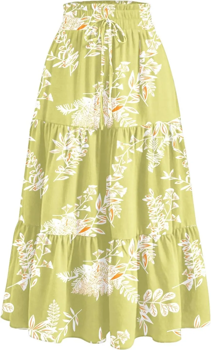 Women's Midi Boho Floral Tiered Skirts Trendy Comfy Flowy Drawstring High Elastic Waist A Line Skirt Skorts with Pockets