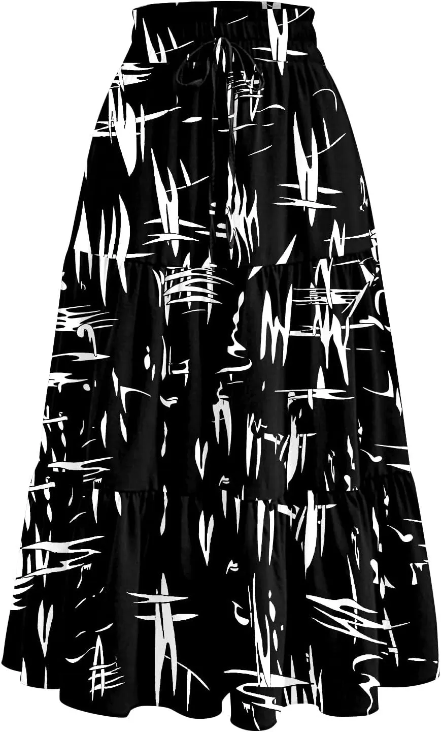Women's Midi Boho Floral Tiered Skirts Trendy Comfy Flowy Drawstring High Elastic Waist A Line Skirt Skorts with Pockets