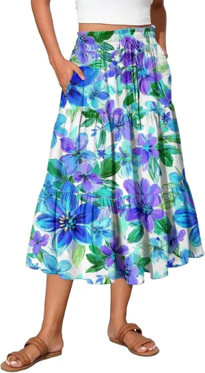 Women's Midi Boho Floral Tiered Skirts Trendy Comfy Flowy Drawstring High Elastic Waist Aline Skirt Skorts with Pockets