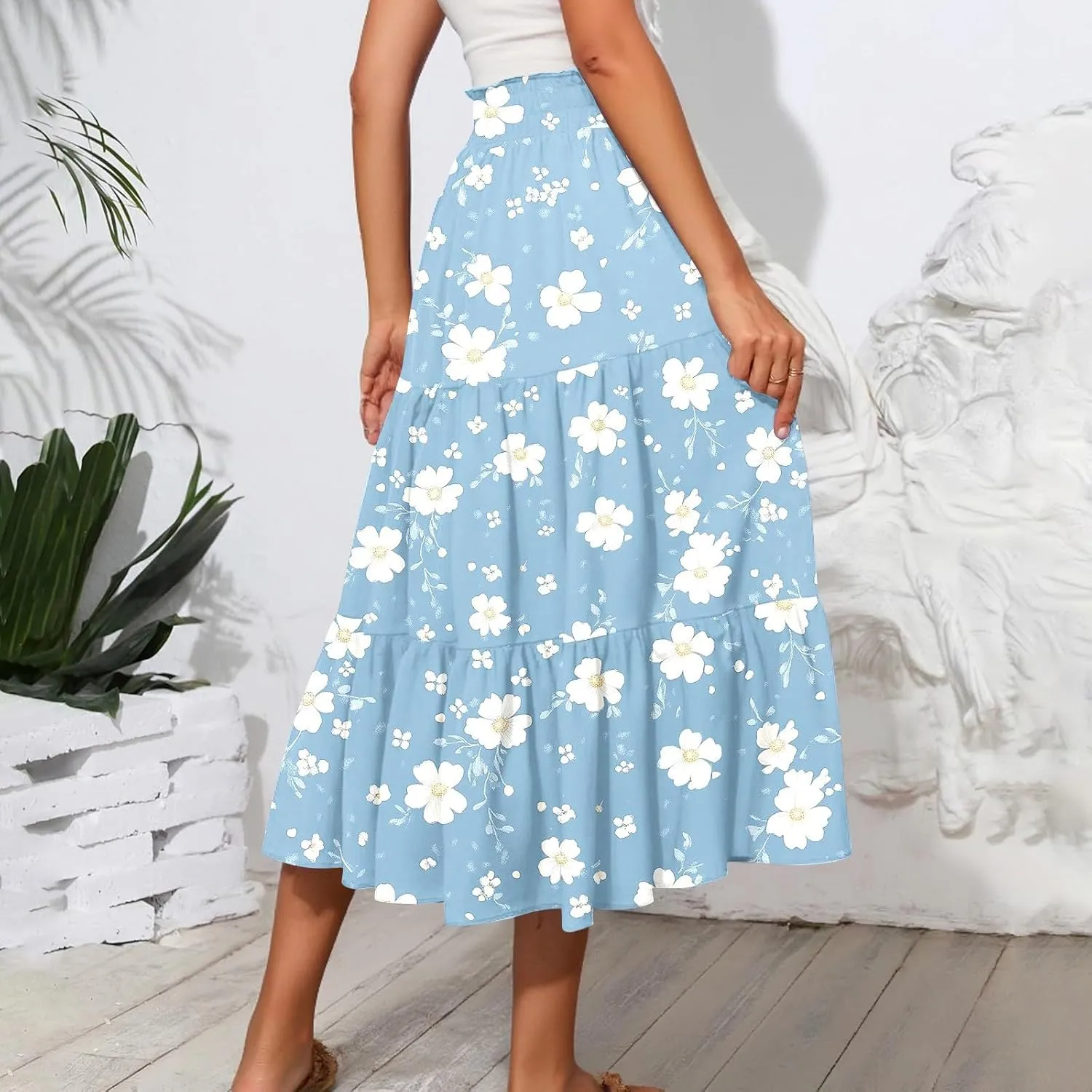 Women's Midi Boho Floral Tiered Skirts Trendy Comfy Flowy Drawstring High Elastic Waist Aline Skirt Skorts with Pockets