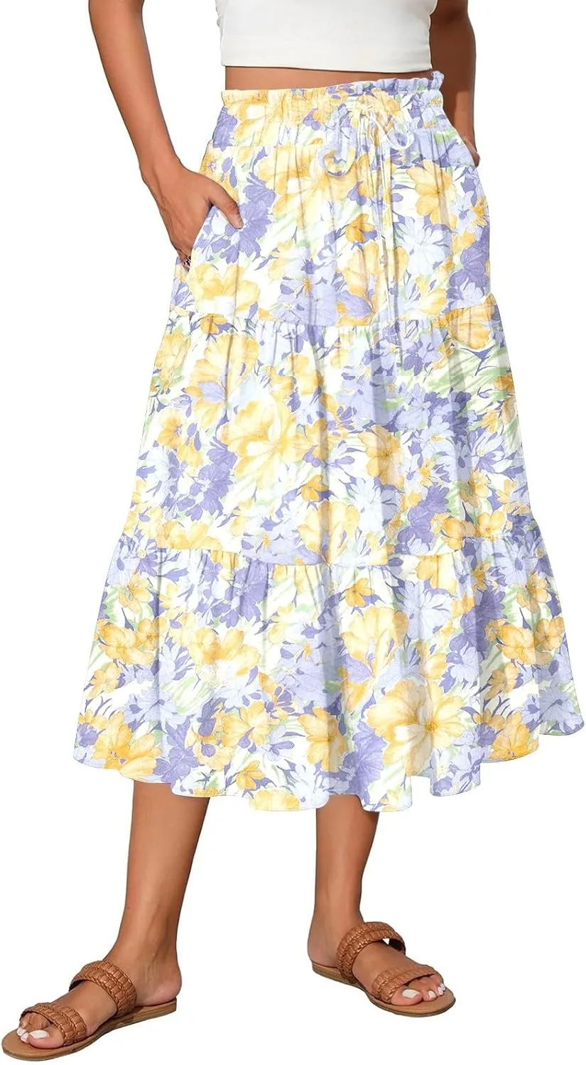 Women's Midi Boho Floral Tiered Skirts Trendy Comfy Flowy Drawstring High Elastic Waist Aline Skirt Skorts with Pockets