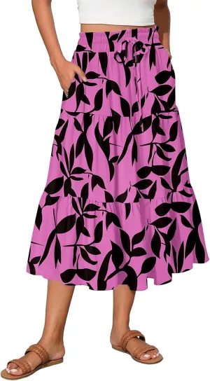 Women's Midi Boho Floral Tiered Skirts Trendy Comfy Flowy Drawstring High Elastic Waist Aline Skirt Skorts with Pockets