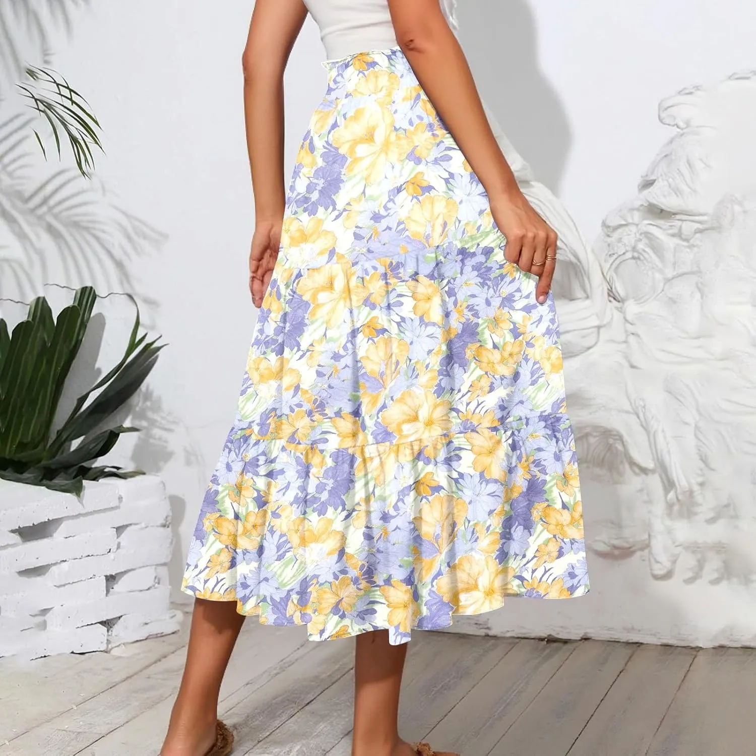Women's Midi Boho Floral Tiered Skirts Trendy Comfy Flowy Drawstring High Elastic Waist Aline Skirt Skorts with Pockets
